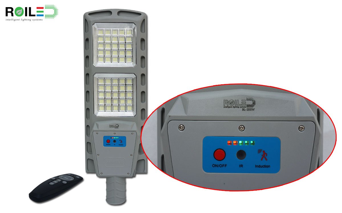 Đèn năng lượng mặt trời 200W, đèn đường tấm pin liền thể 200W cao cấp Roiled RL-200W